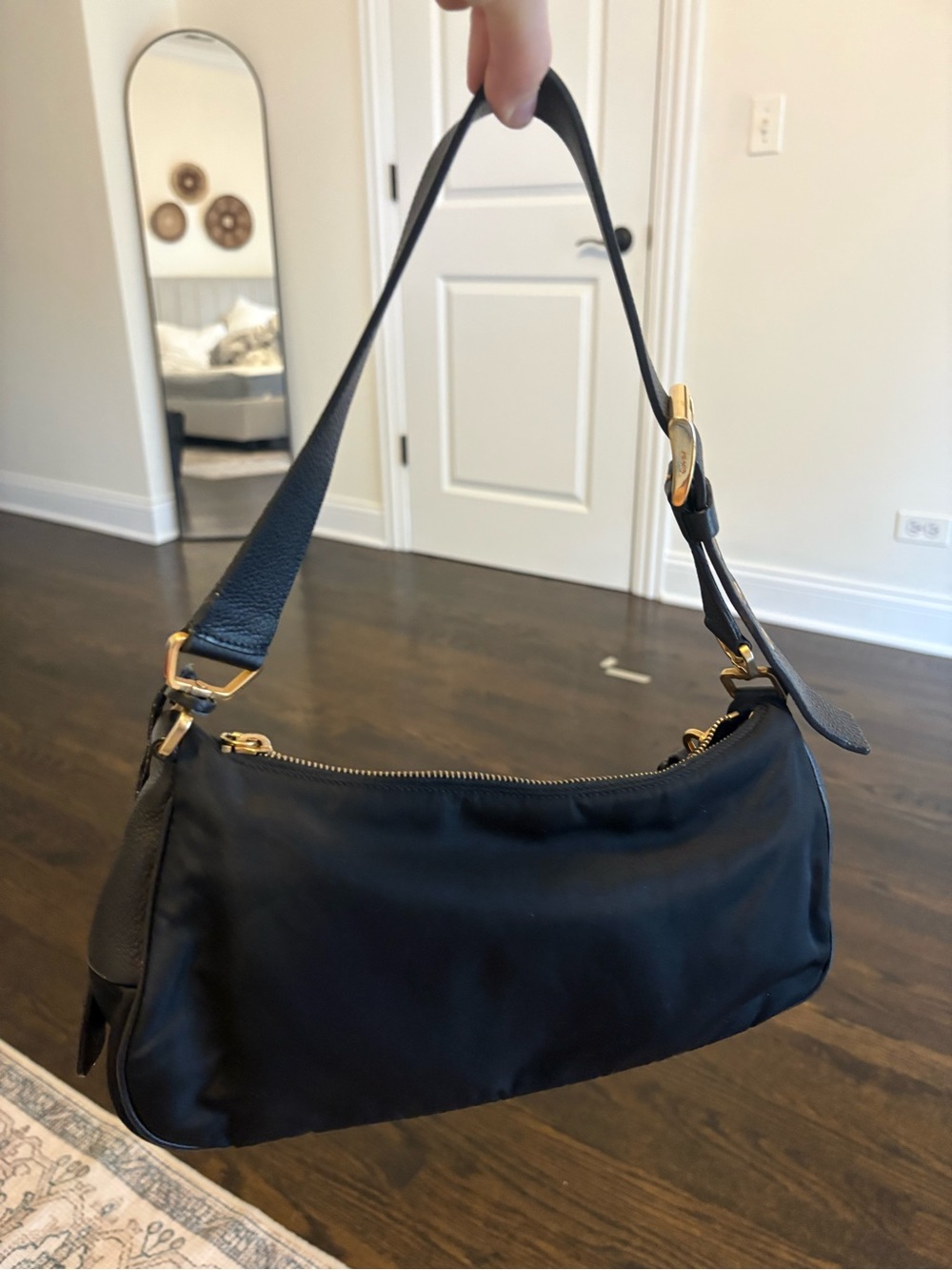 Prada Black Nylon and Leather shoulder bag with Gold Hardware - Picture 4 of 12